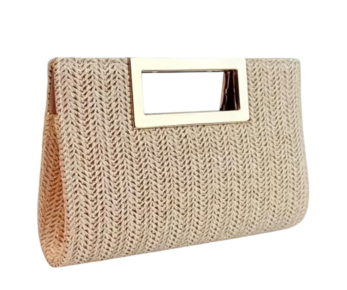 Tan woven clutch