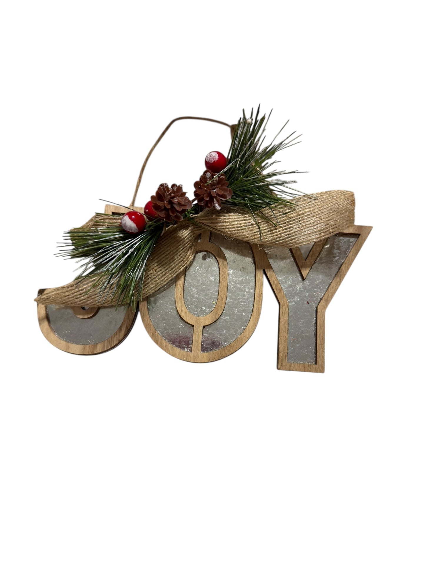 Joy metal wood ornament