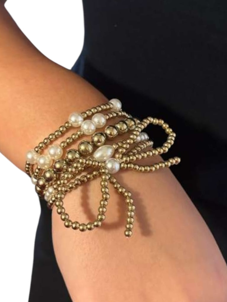 Bow and Pearl Bracelet Stack gold tone