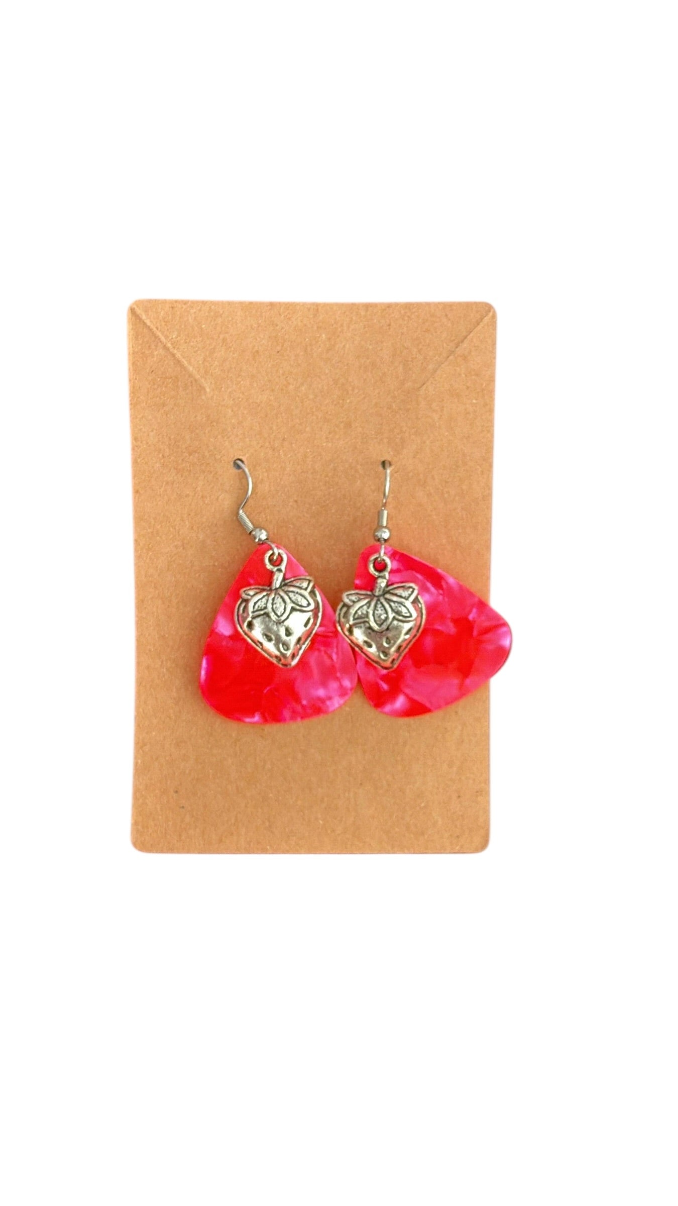 Guitar pick hot pink strawberry earrings