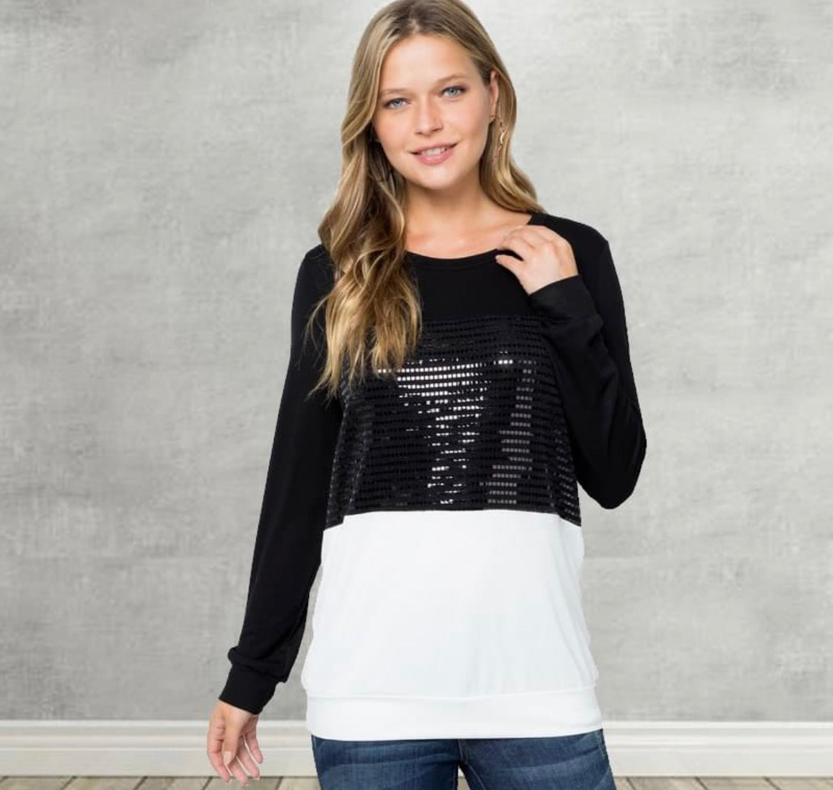 White n Black long sleeve bling top