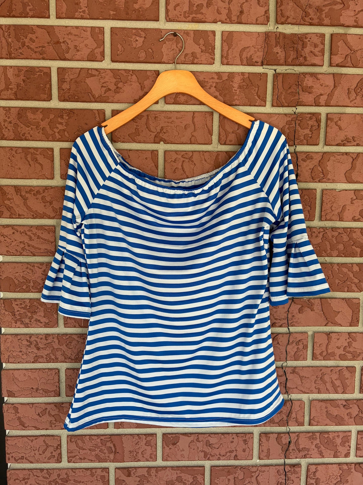 Blue nautical striped ruffle sleeves top