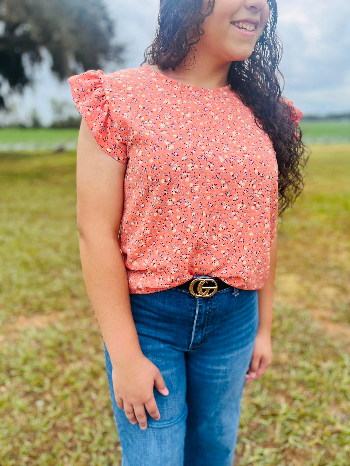 Pink floral ruffle sleeve Top
