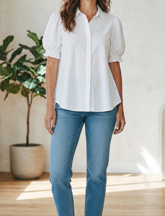 Puff sleeve white button up top