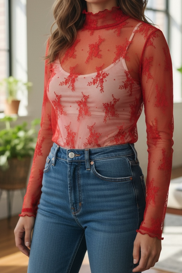 Red and White lace long sleeve top
