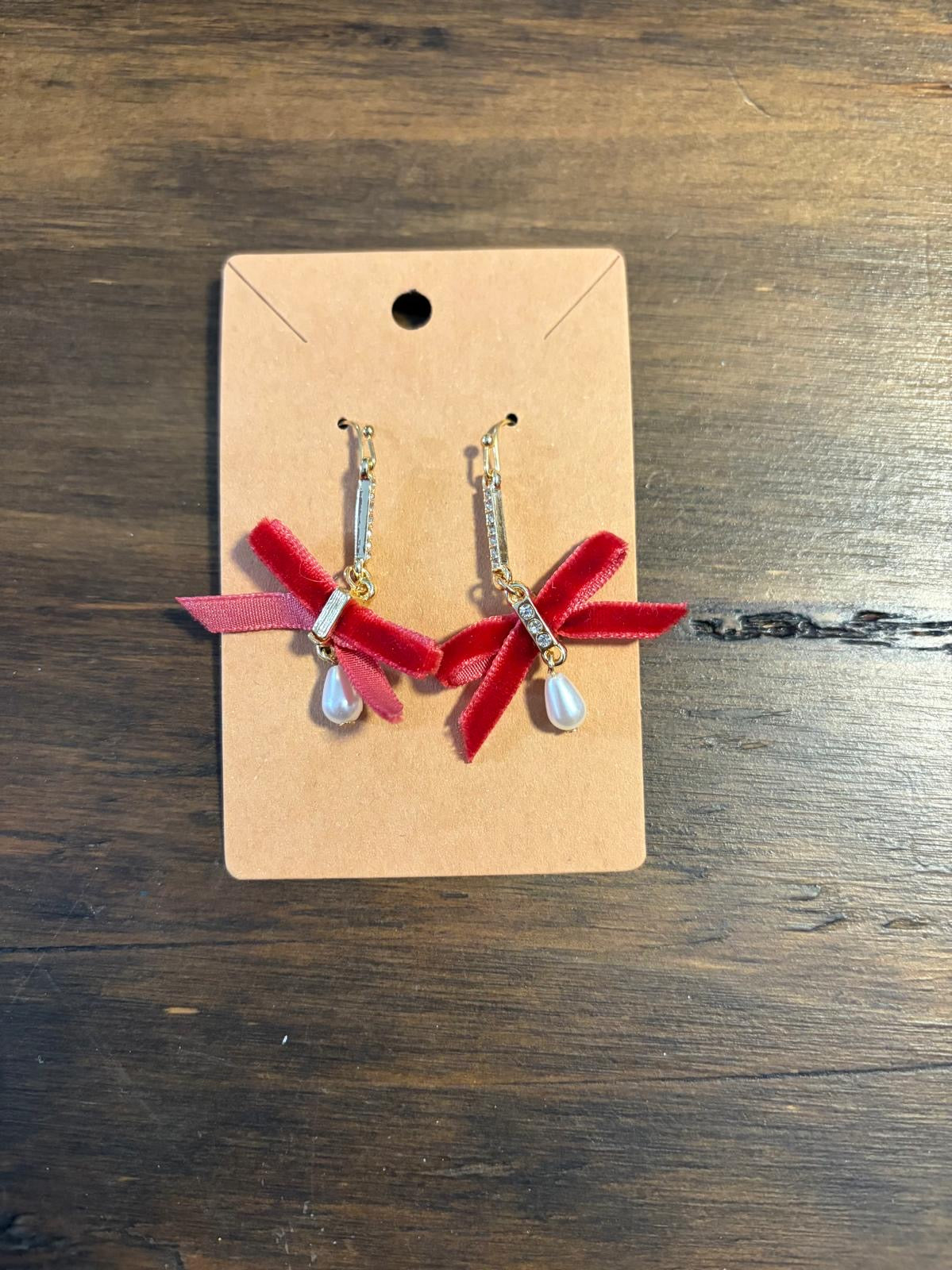 Red Bow earrings faux pearl drip
