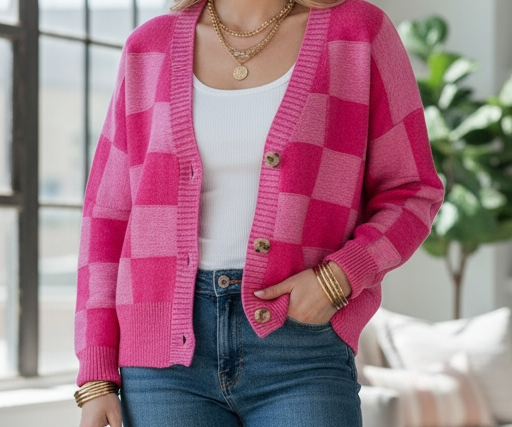 Hot pink checkered sweater cardigan