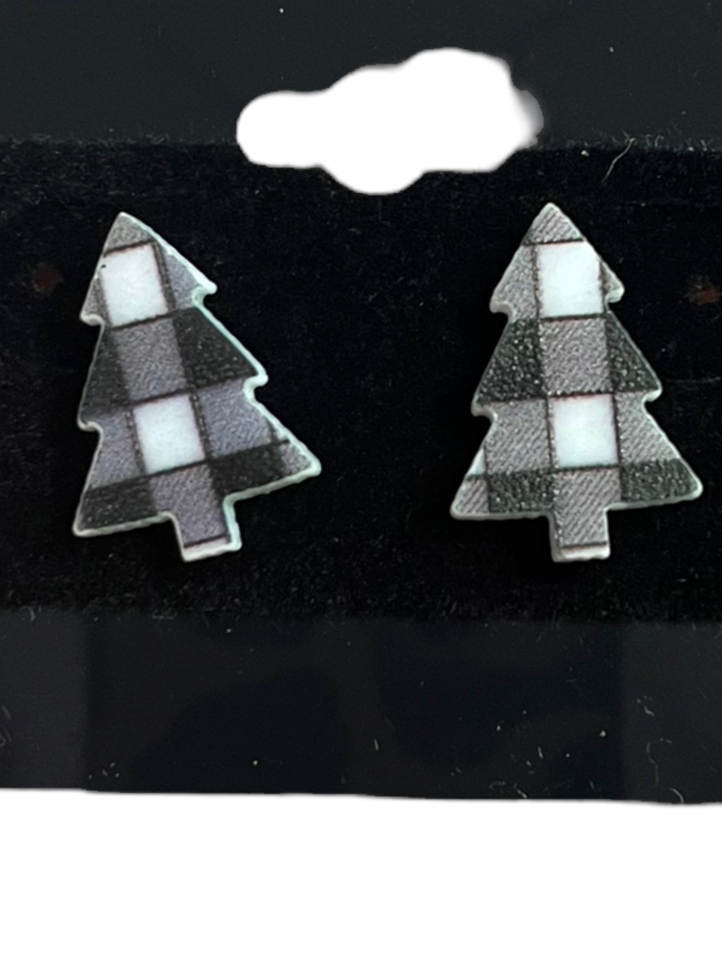 Plaid black and white Christmas tree earrings