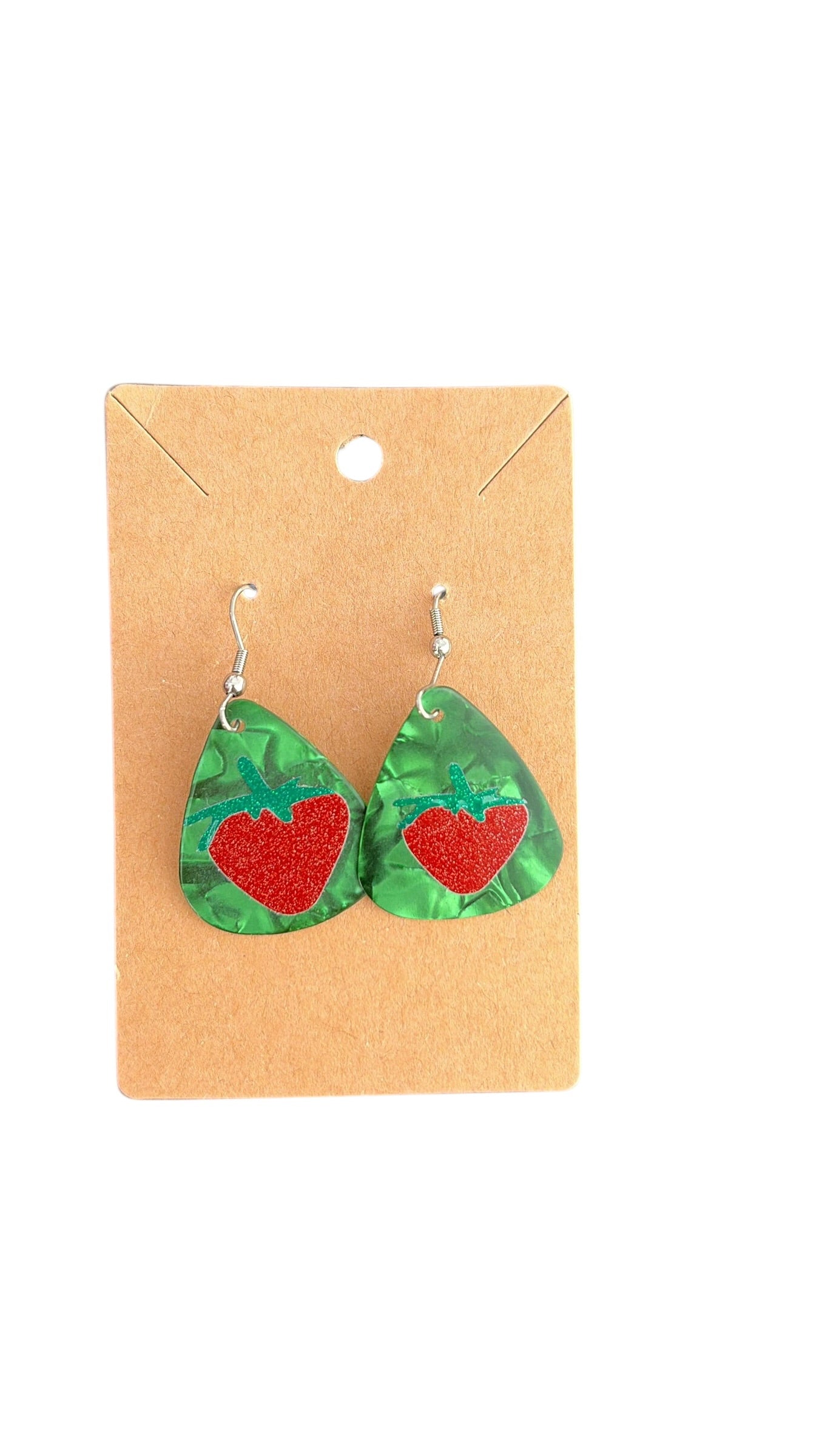 Guitar pic green strawberry earrings
