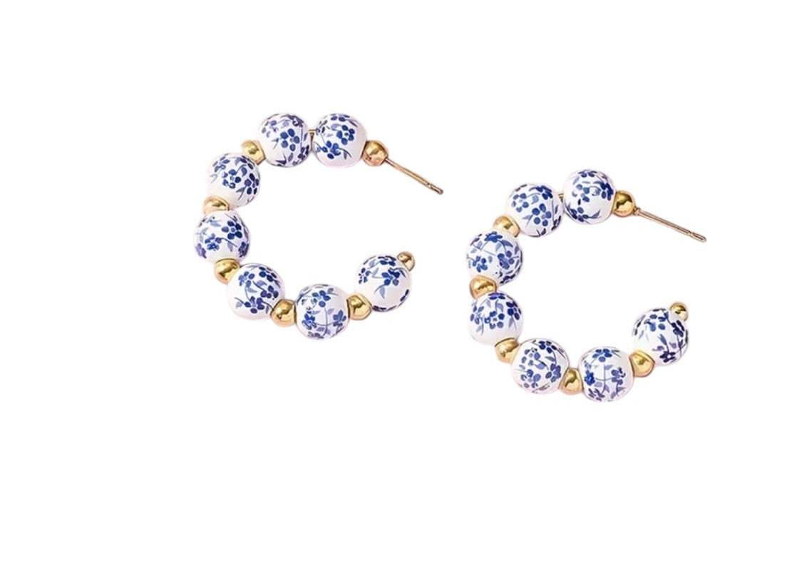 Blue and White ceramic earrings hoops