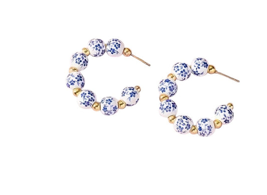 Blue and White ceramic earrings hoops