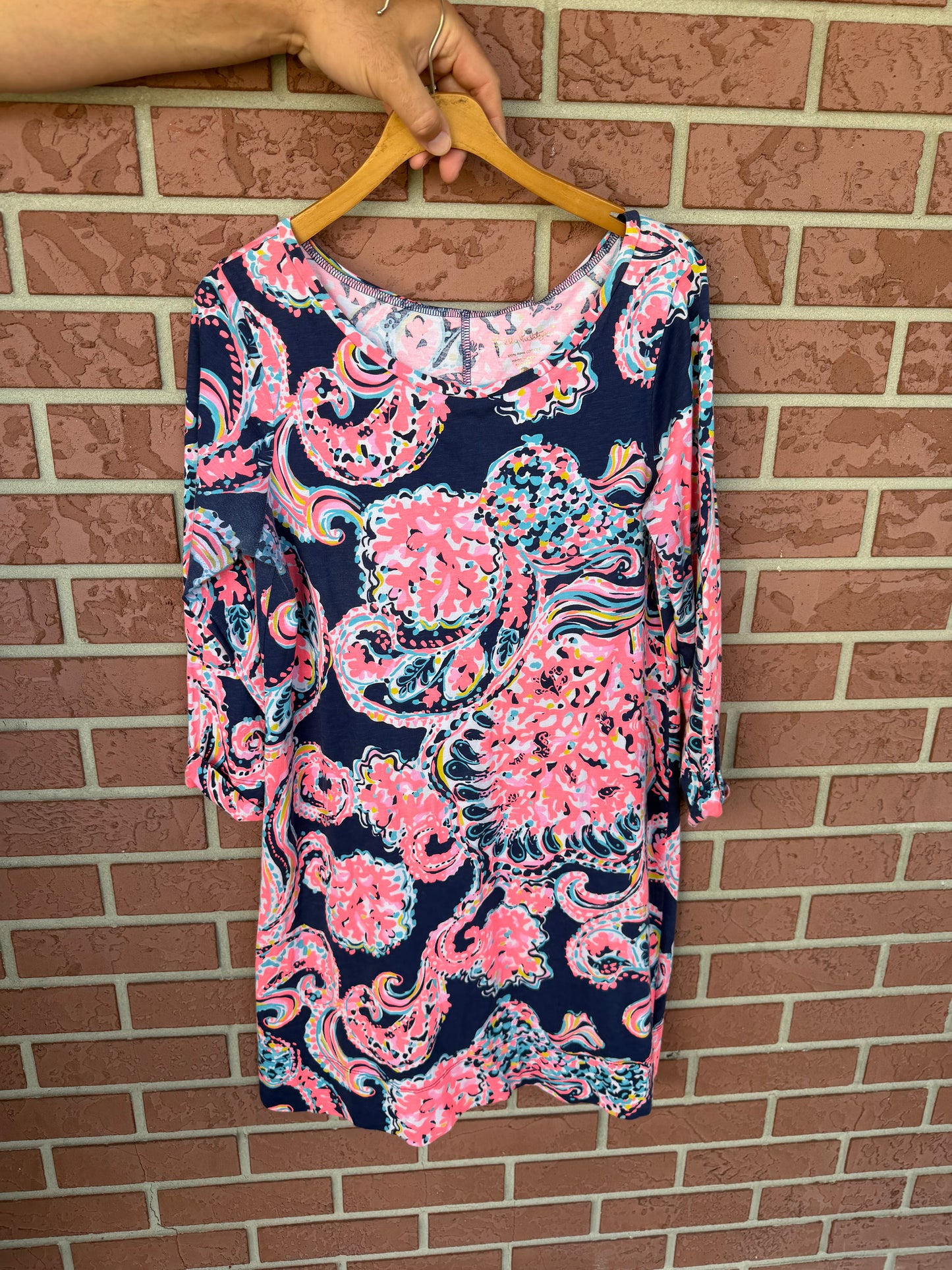 Lilly Pulitzer Linden Dress Multi Paisley Roll Tab Sleeve A-Line Shift