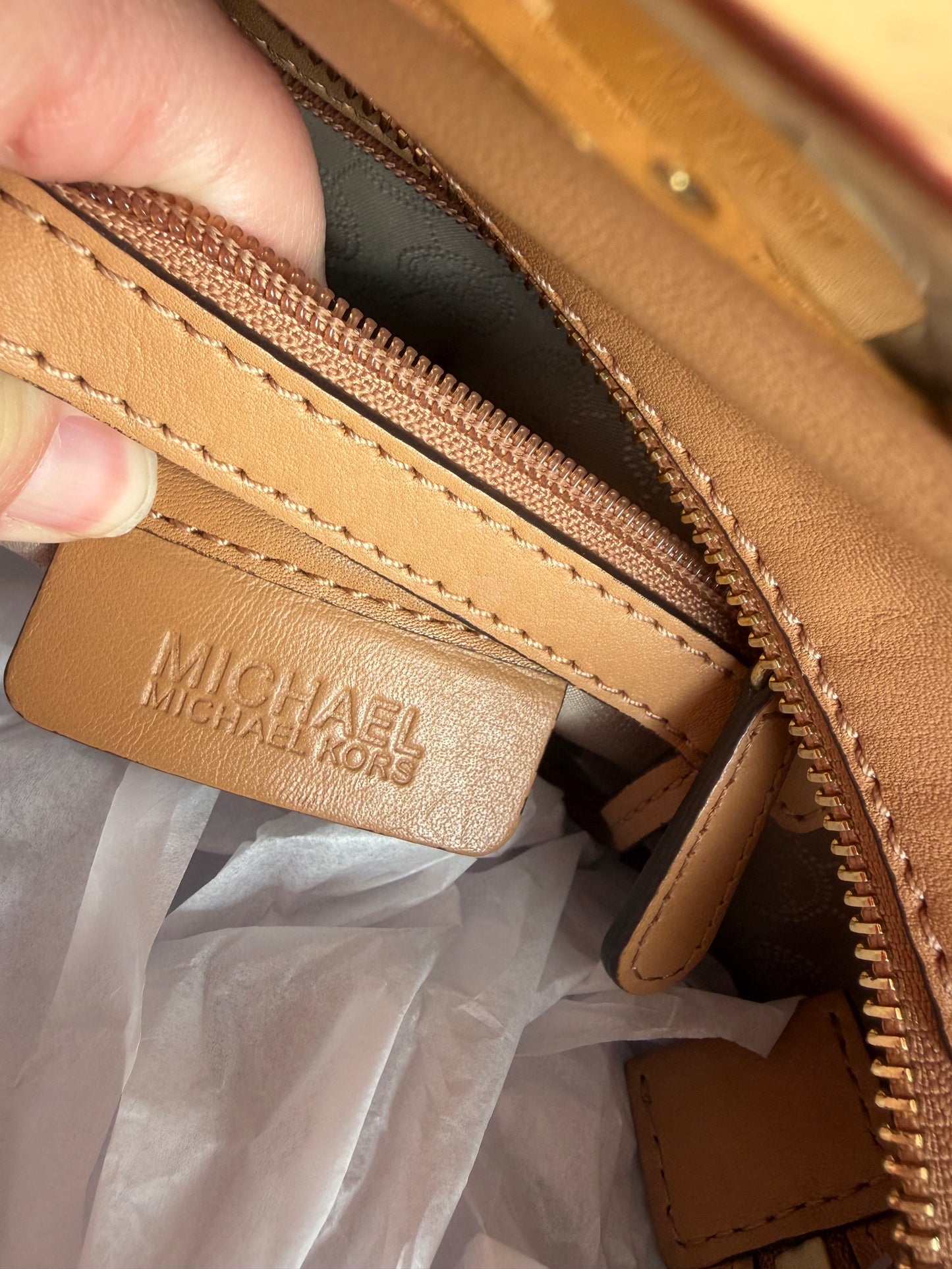 40020 Michael Kors Two-Tone Tan and Black Satchel with Gold Trim