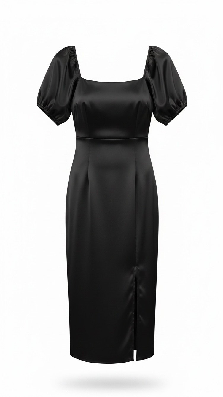 Night out black silky dress puff sleeves