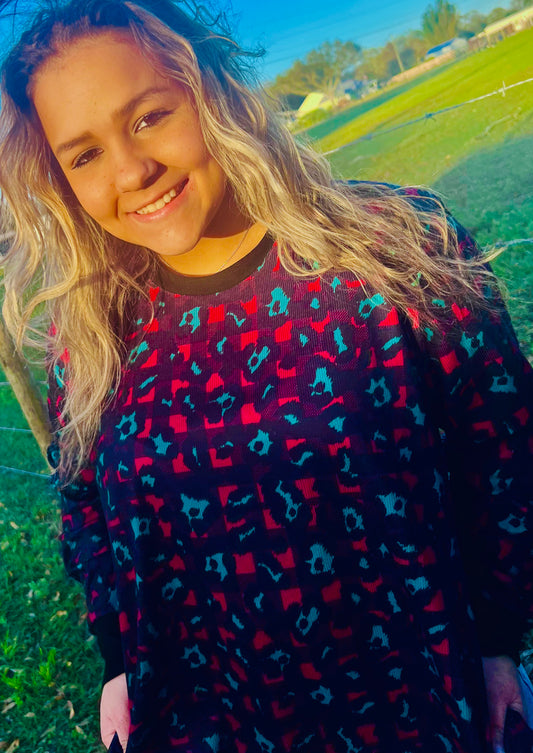 Cow teal long sleeve leopard tee