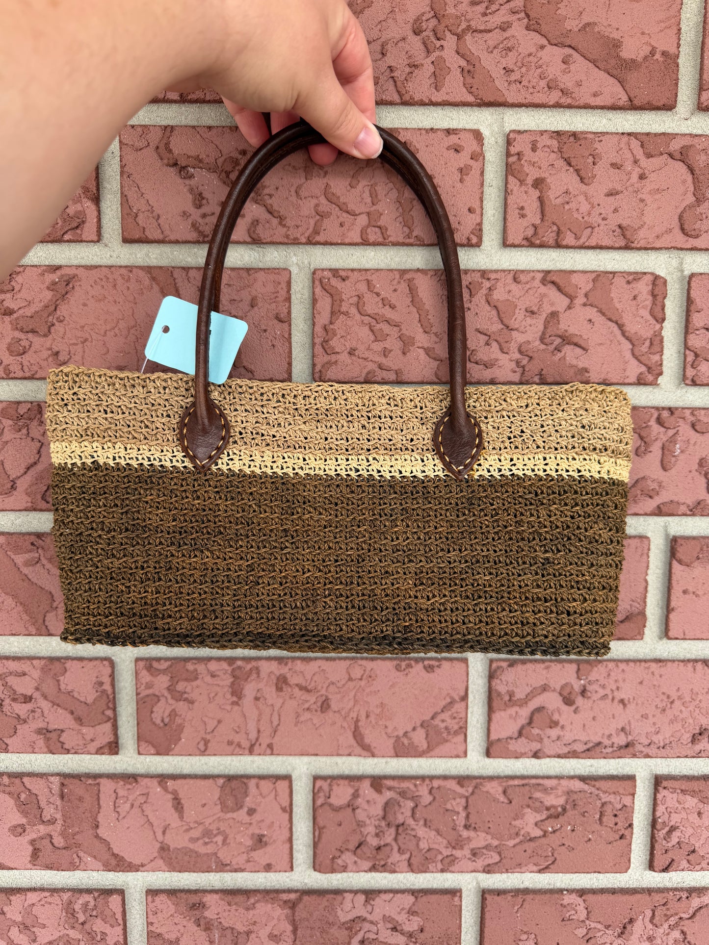 9901 Two-Tone Brown Woven Tote with Dark Brown Handles