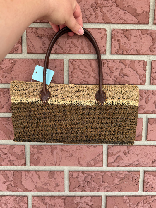 9901 Two-Tone Brown Woven Tote with Dark Brown Handles
