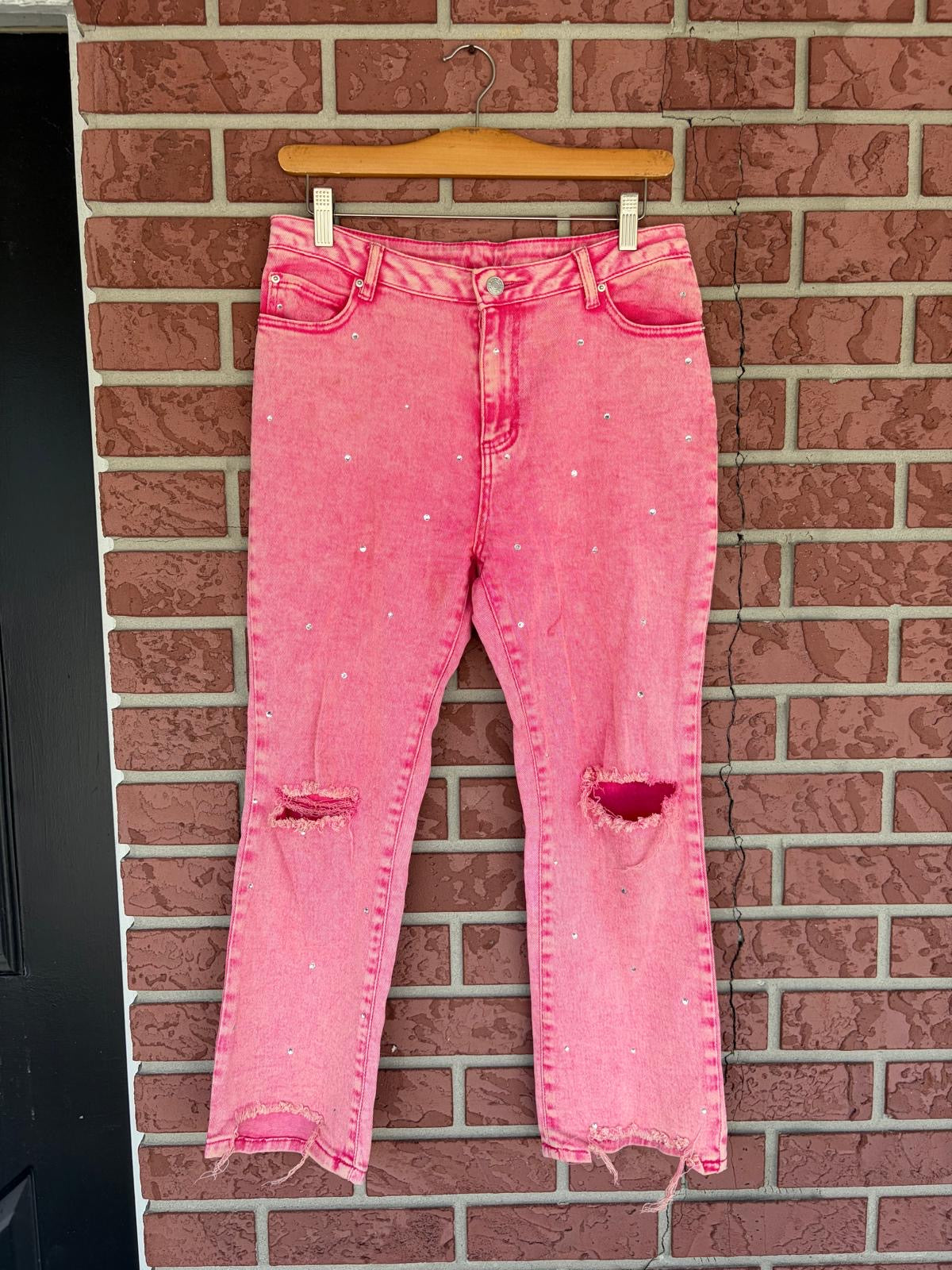 Blue B. Hot Pink Bedazzled Distressed Jeans