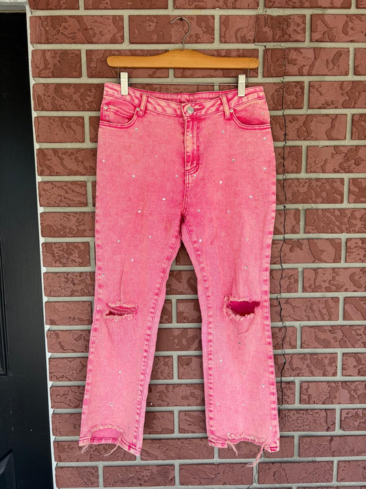 Blue B. Hot Pink Bedazzled Distressed Jeans