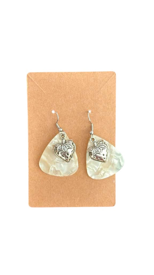 Guitar pic, white strawberry earrings