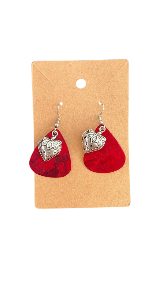 Guitar pic, red strawberry earrings