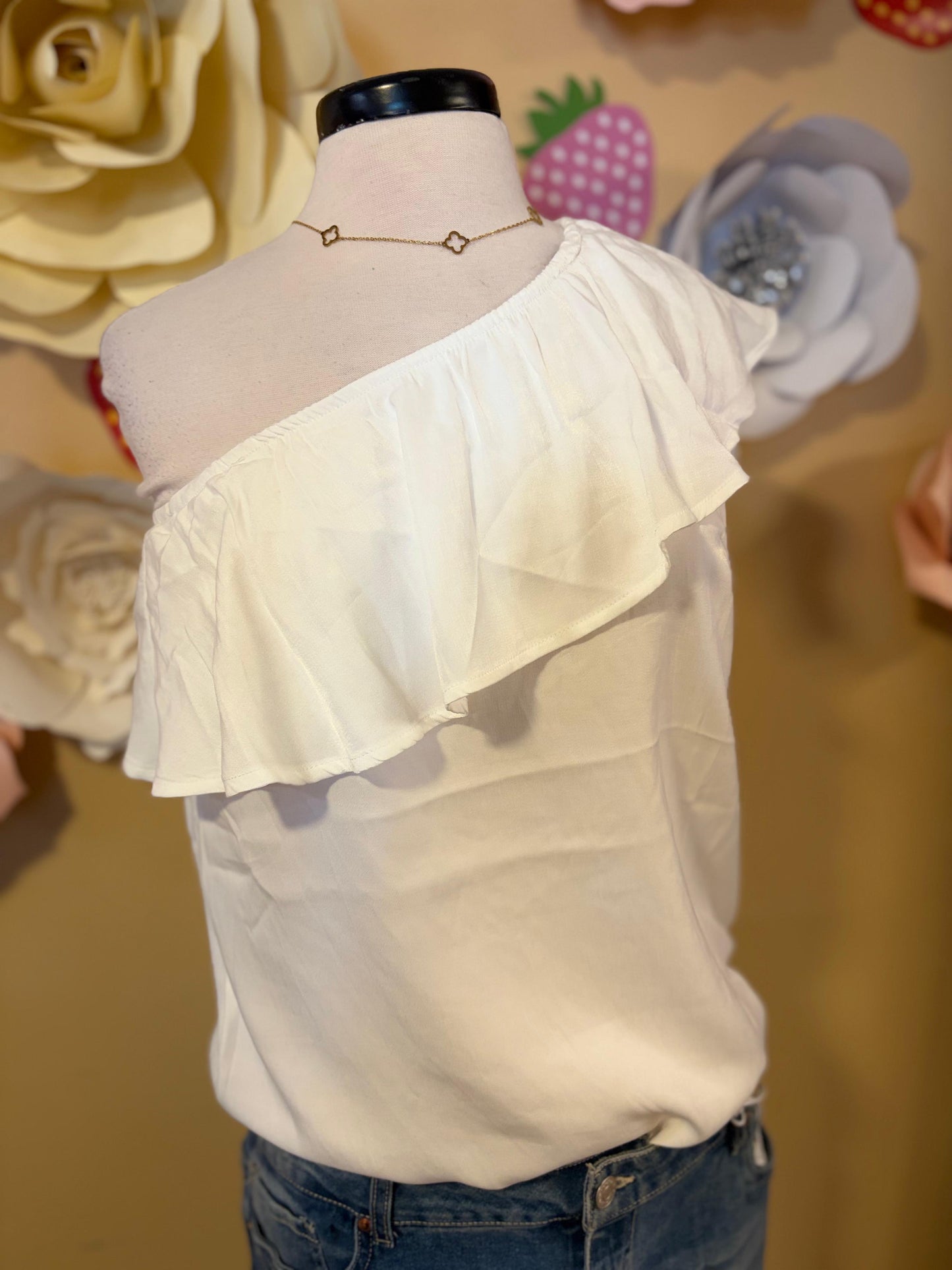 One shoulder white ruffle top