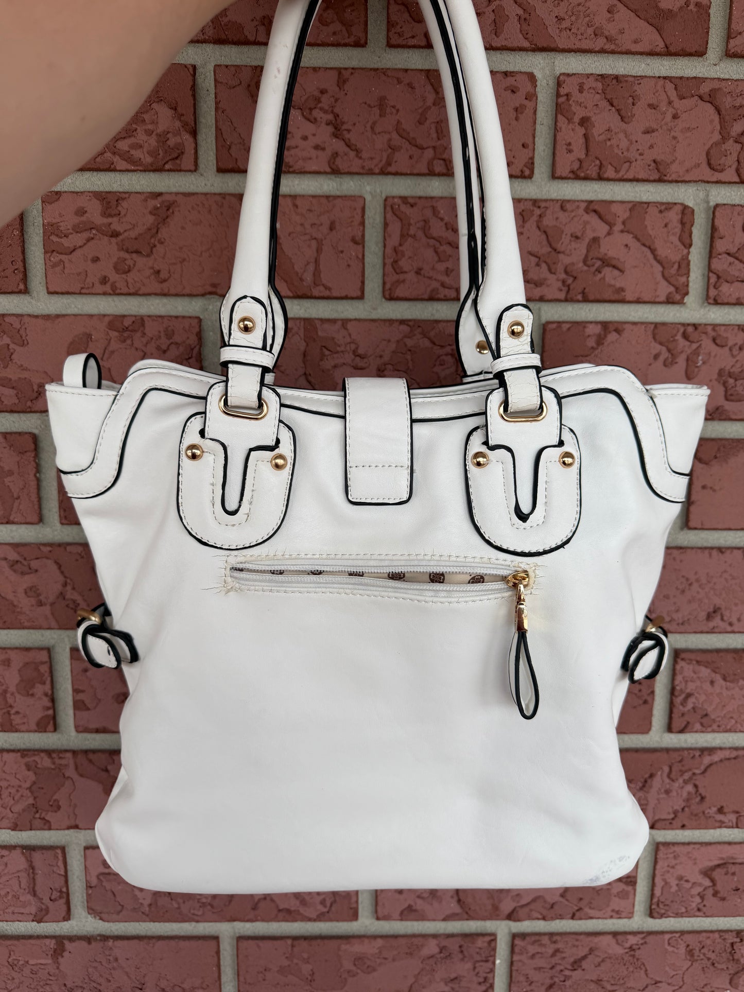 40023 White & Blue Textured Tote Bag with Gold Hardware