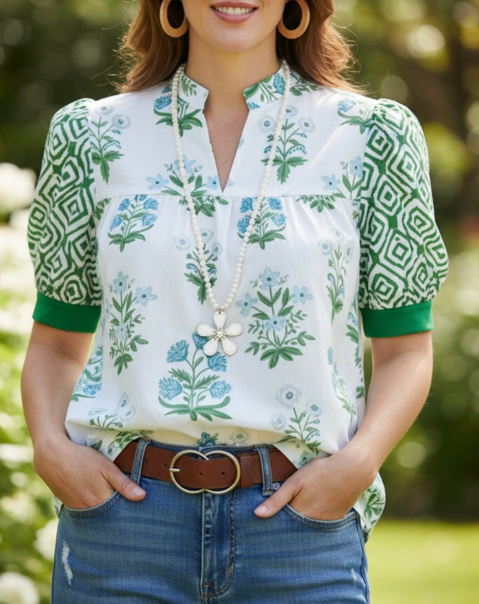 Floral green garden party top