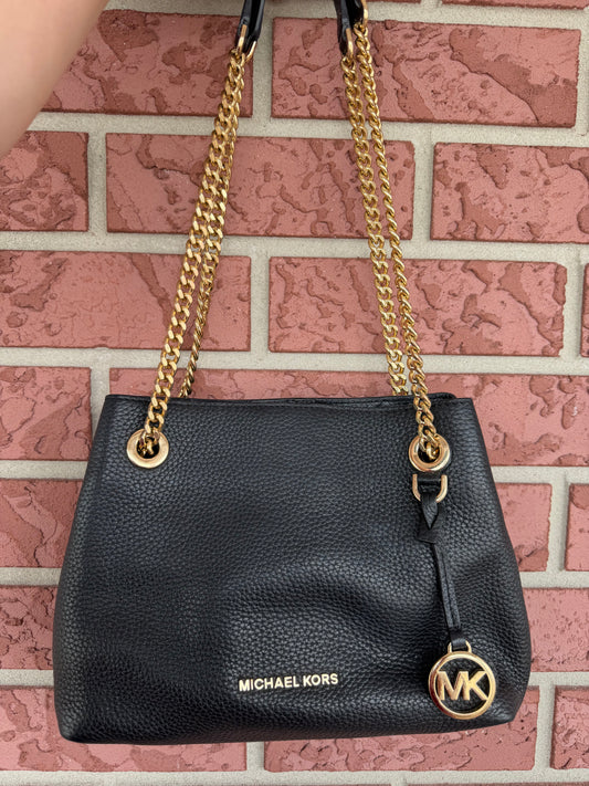 12227 Michael Kors Black Pebbled Leather Shoulder Bag with Gold Chain