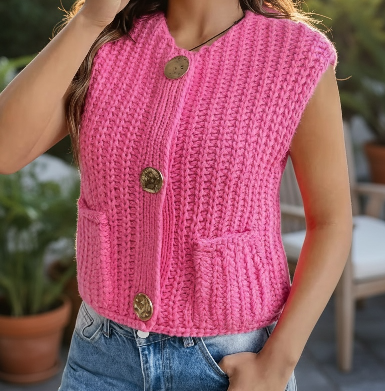 Pink Sweater Vest with Gold Buttons