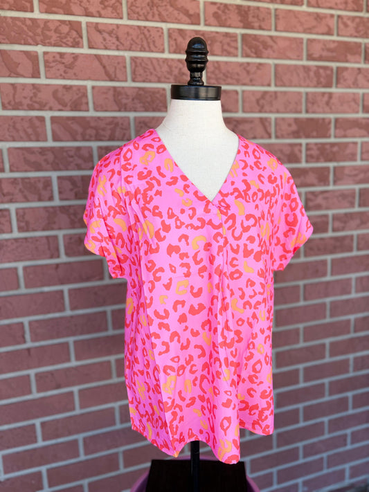 Hot Pink Cheetah v neck top