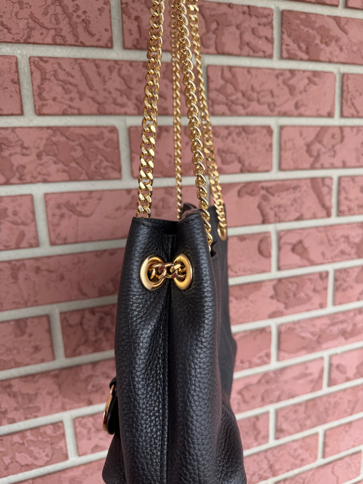 12227 Michael Kors Black Pebbled Leather Shoulder Bag with Gold Chain