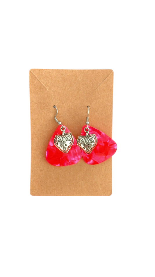 Guitar pick hot pink strawberry earrings