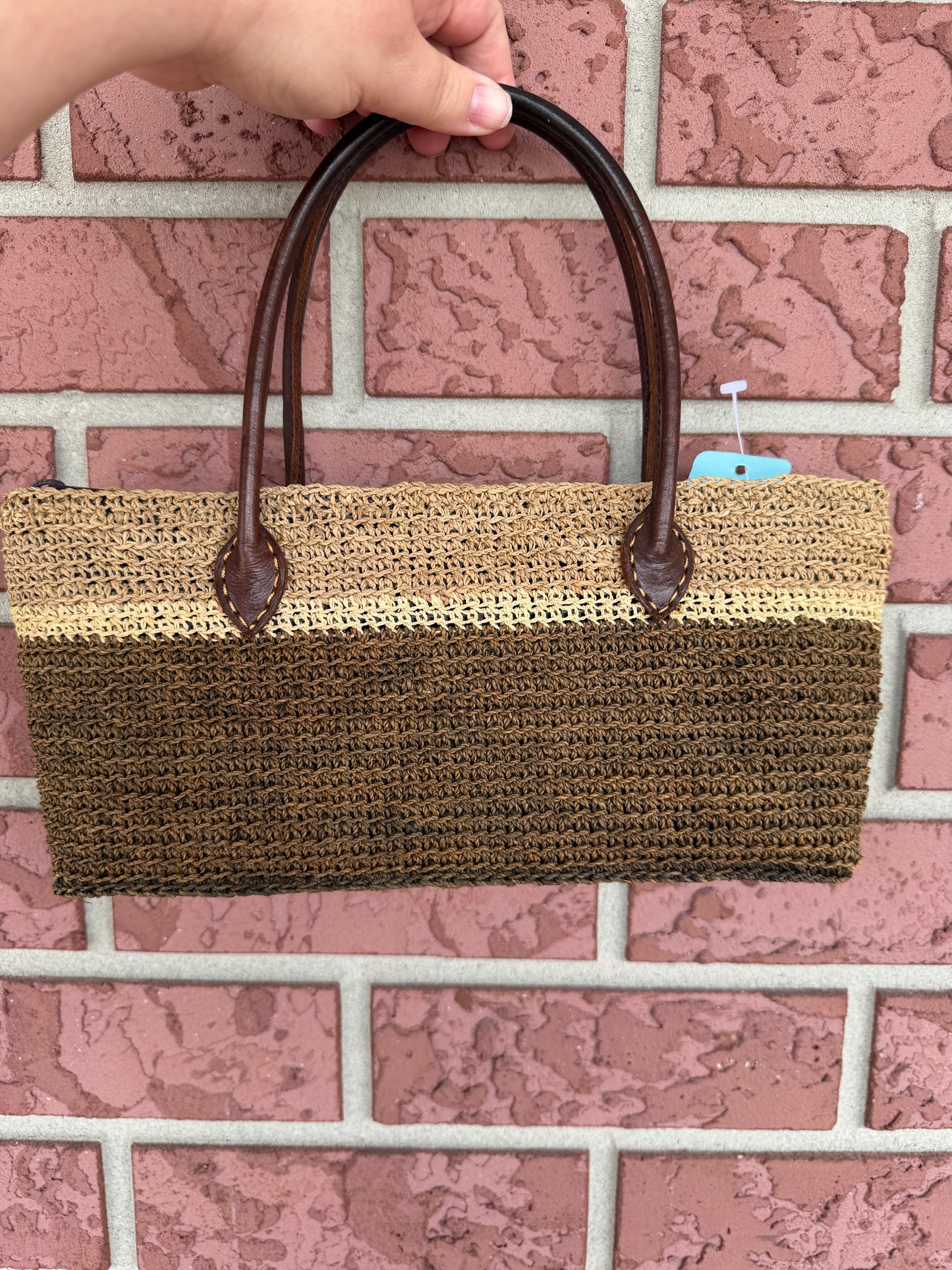 9901 Two-Tone Brown Woven Tote with Dark Brown Handles