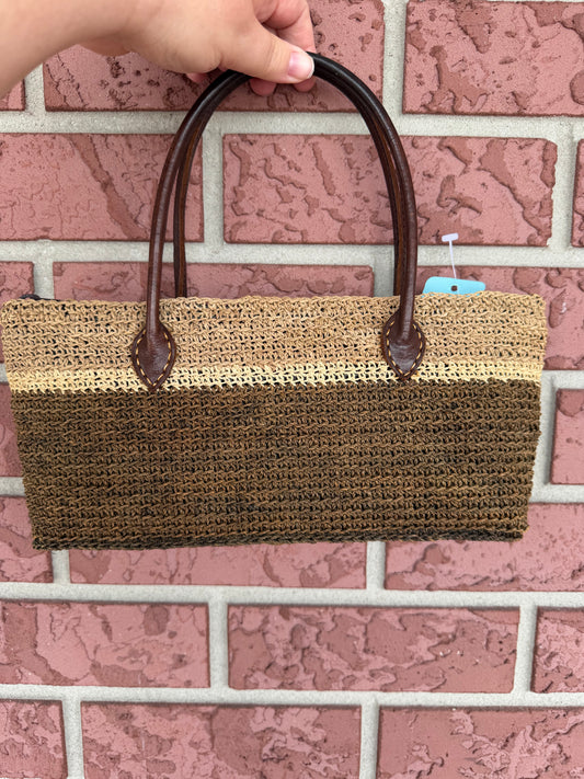 9901 Two-Tone Brown Woven Tote with Dark Brown Handles
