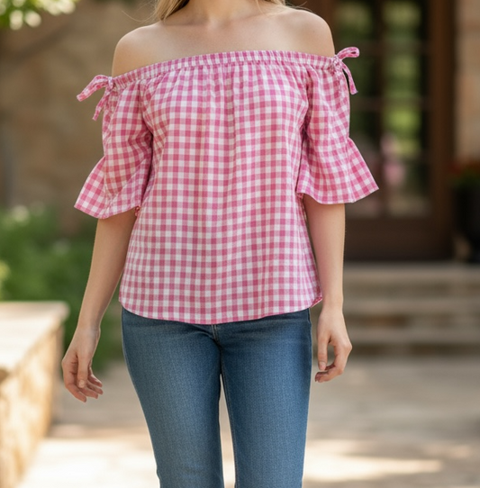 Red off shoulder bow top