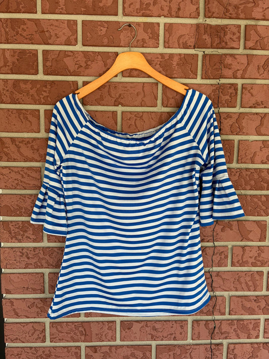 Blue nautical striped ruffle sleeves top