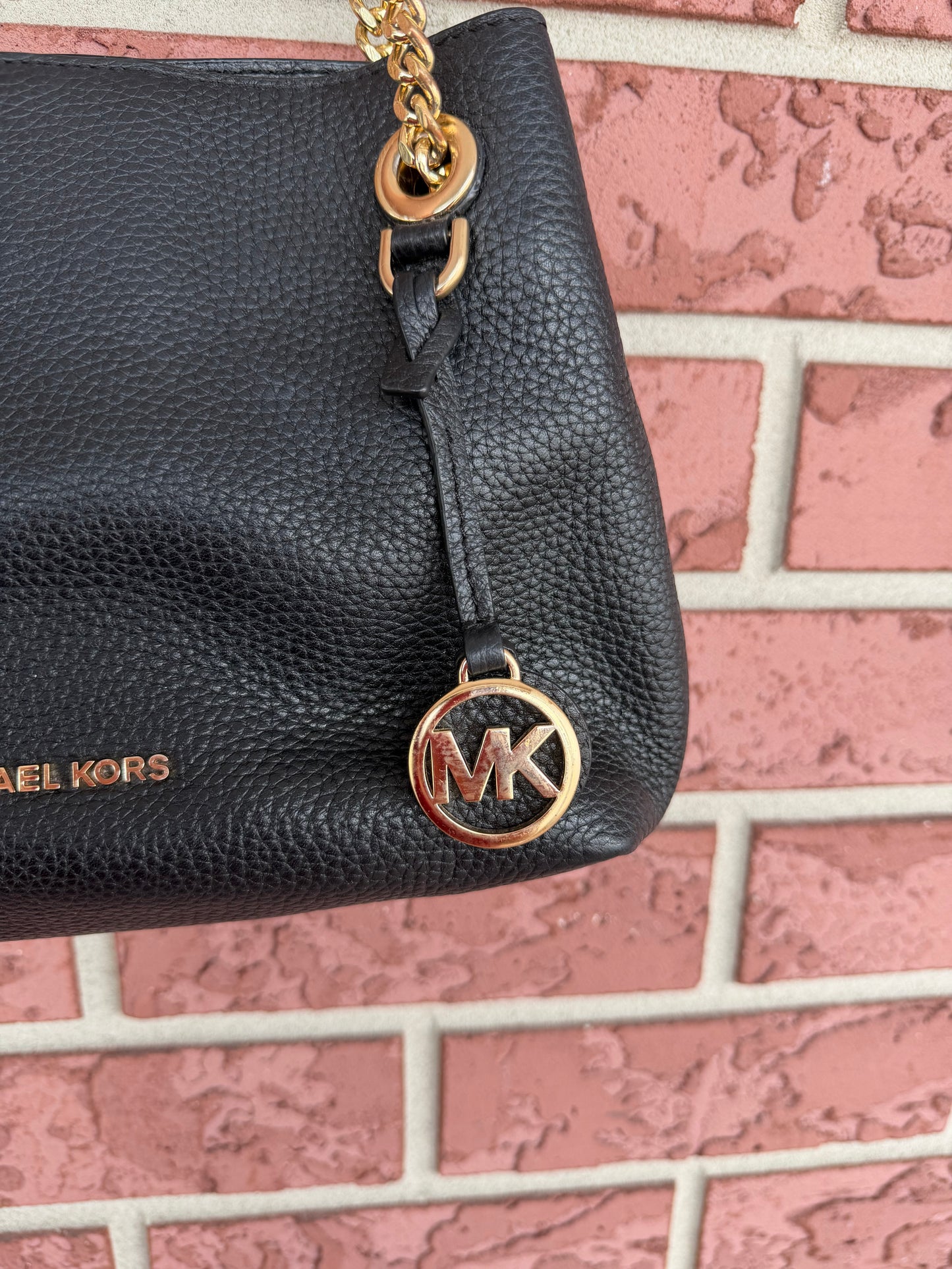 12227 Michael Kors Black Pebbled Leather Shoulder Bag with Gold Chain