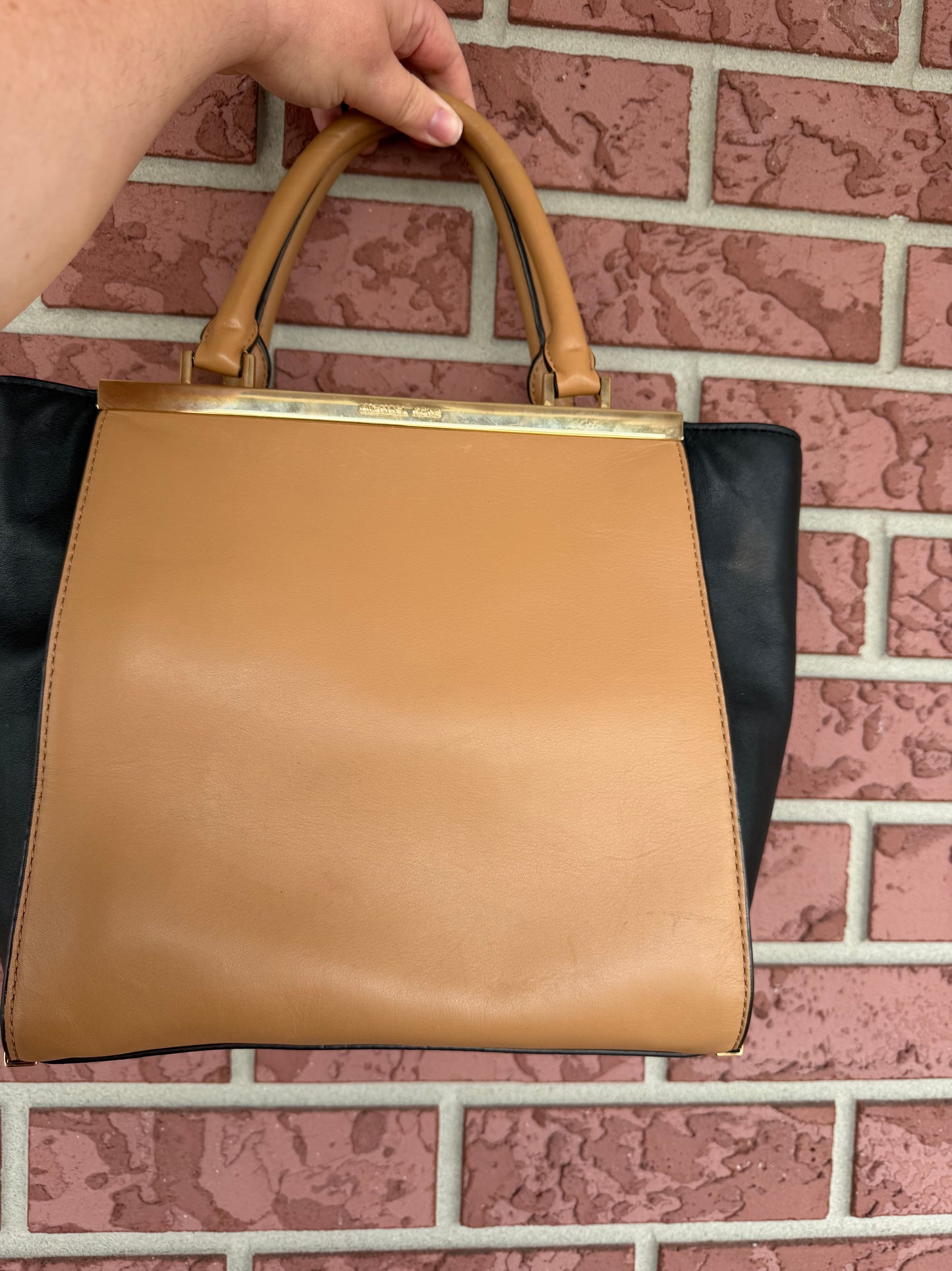 40020 Michael Kors Two-Tone Tan and Black Satchel with Gold Trim