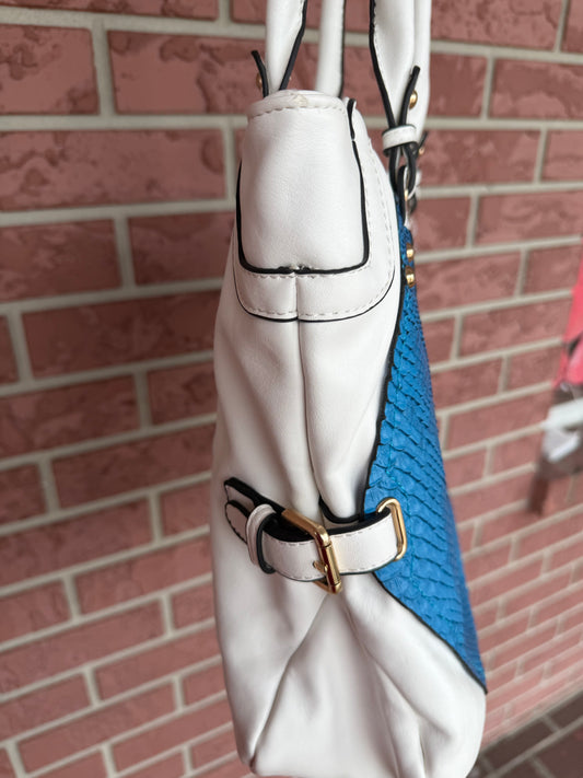 40023 White & Blue Textured Tote Bag with Gold Hardware