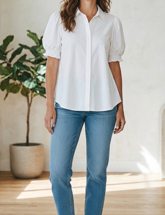 Puff sleeve white button up top