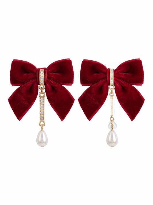 Red Bow earrings faux pearl drip