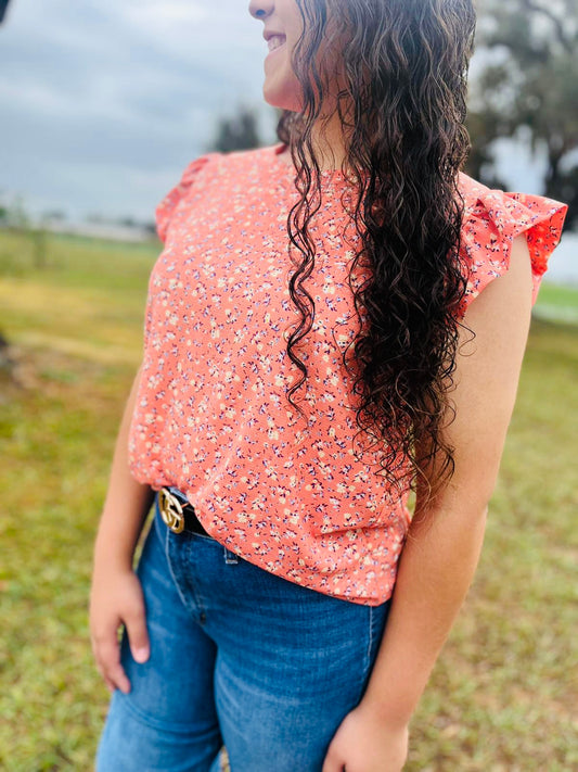 Pink floral ruffle sleeve Top