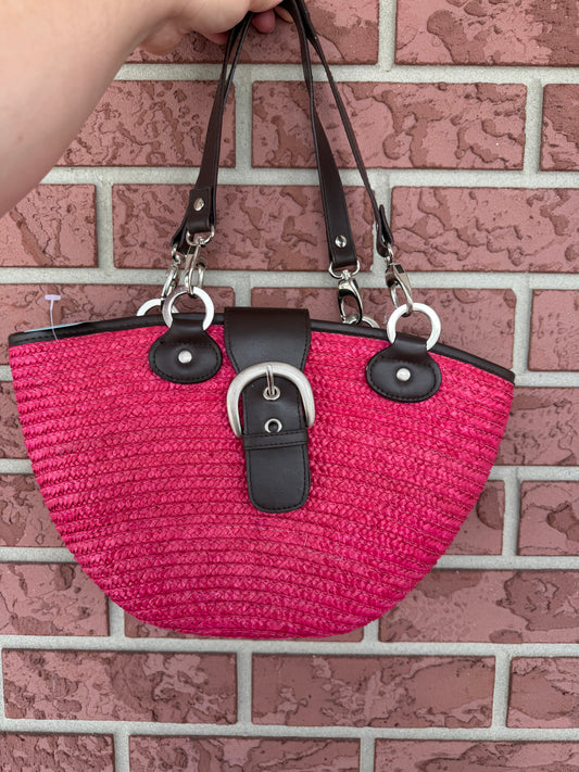 9902 Sun and Sand Hot Pink Straw Tote with Black  Accents