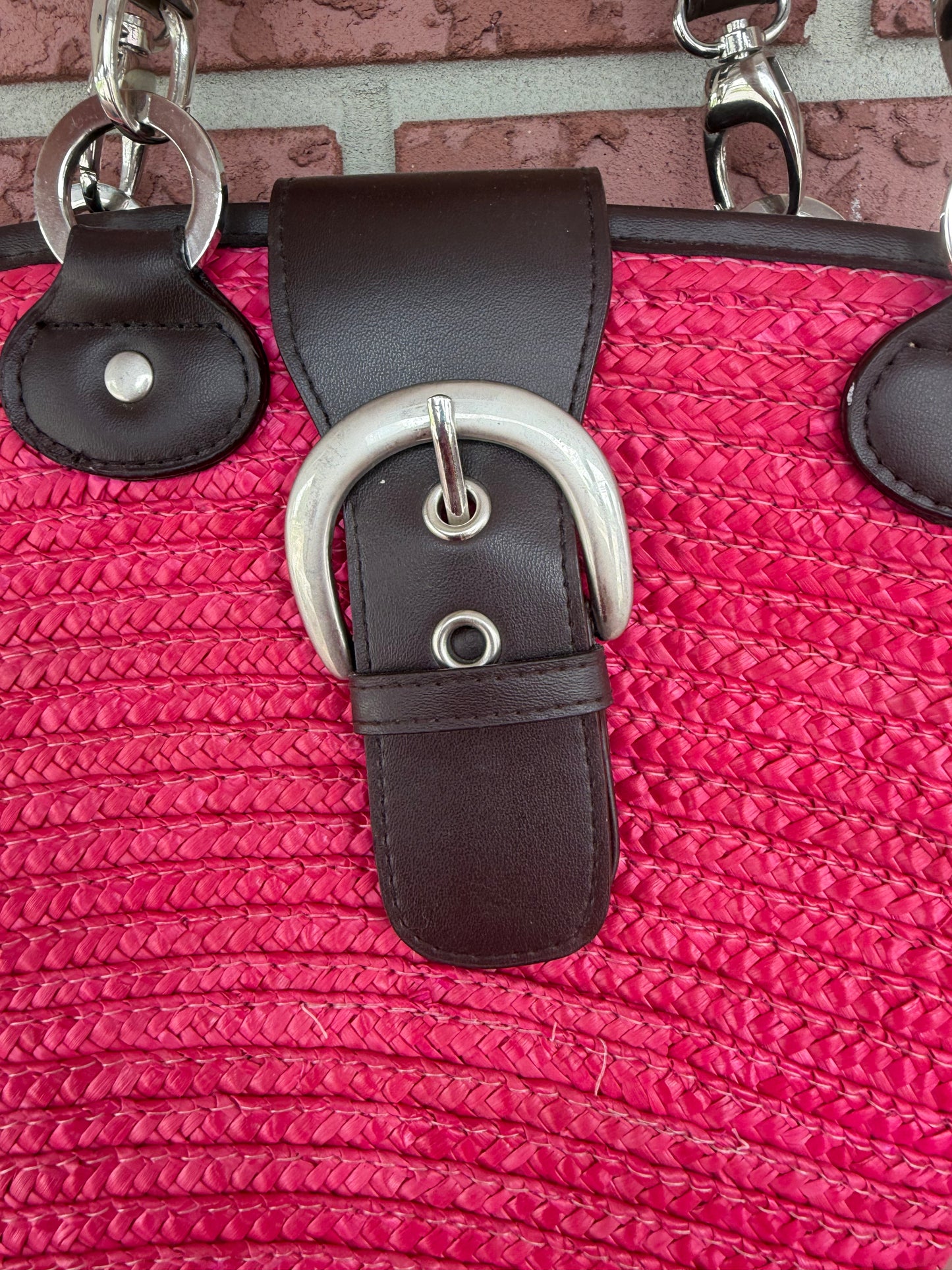 9902 Sun and Sand Hot Pink Straw Tote with Black  Accents