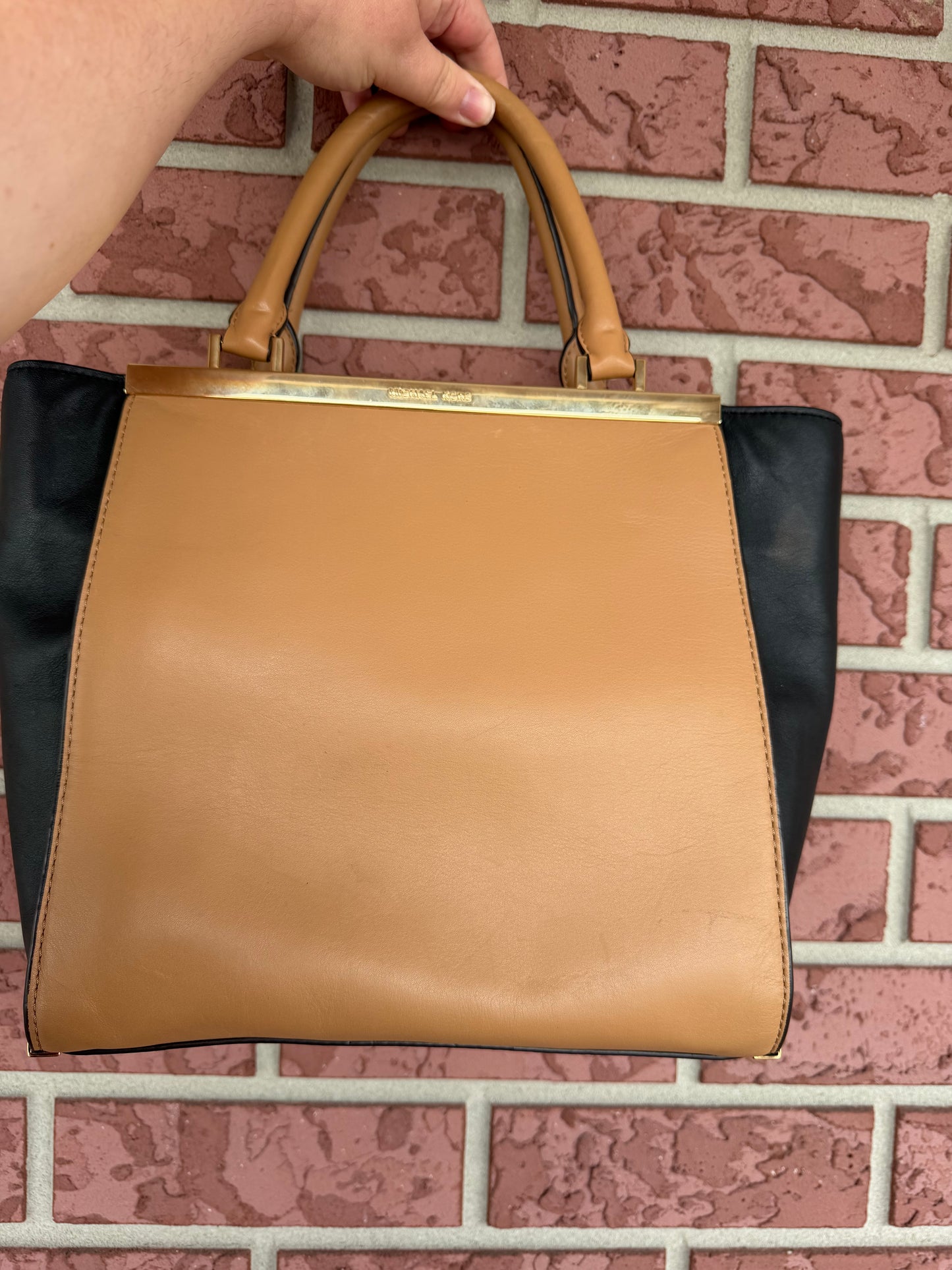 40020 Michael Kors Two-Tone Tan and Black Satchel with Gold Trim