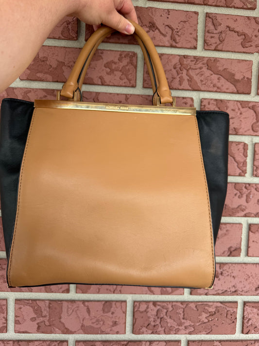 40020 Michael Kors Two-Tone Tan and Black Satchel with Gold Trim