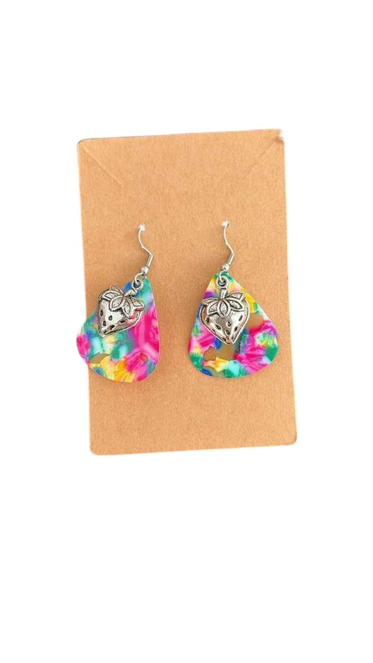 Guitar pic, strawberry tie-dye earrings