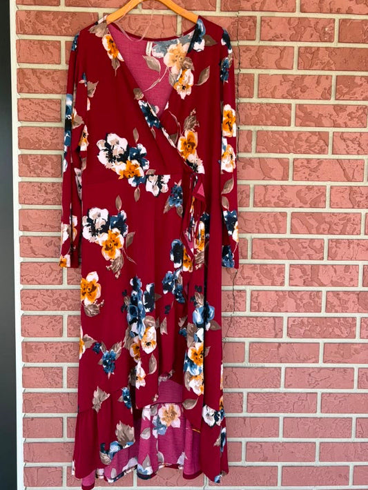 Emerald red floral high low maxi dress