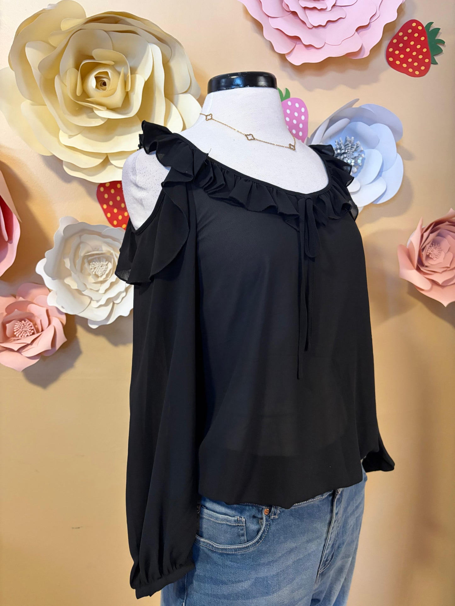 Black sheet ruffle top